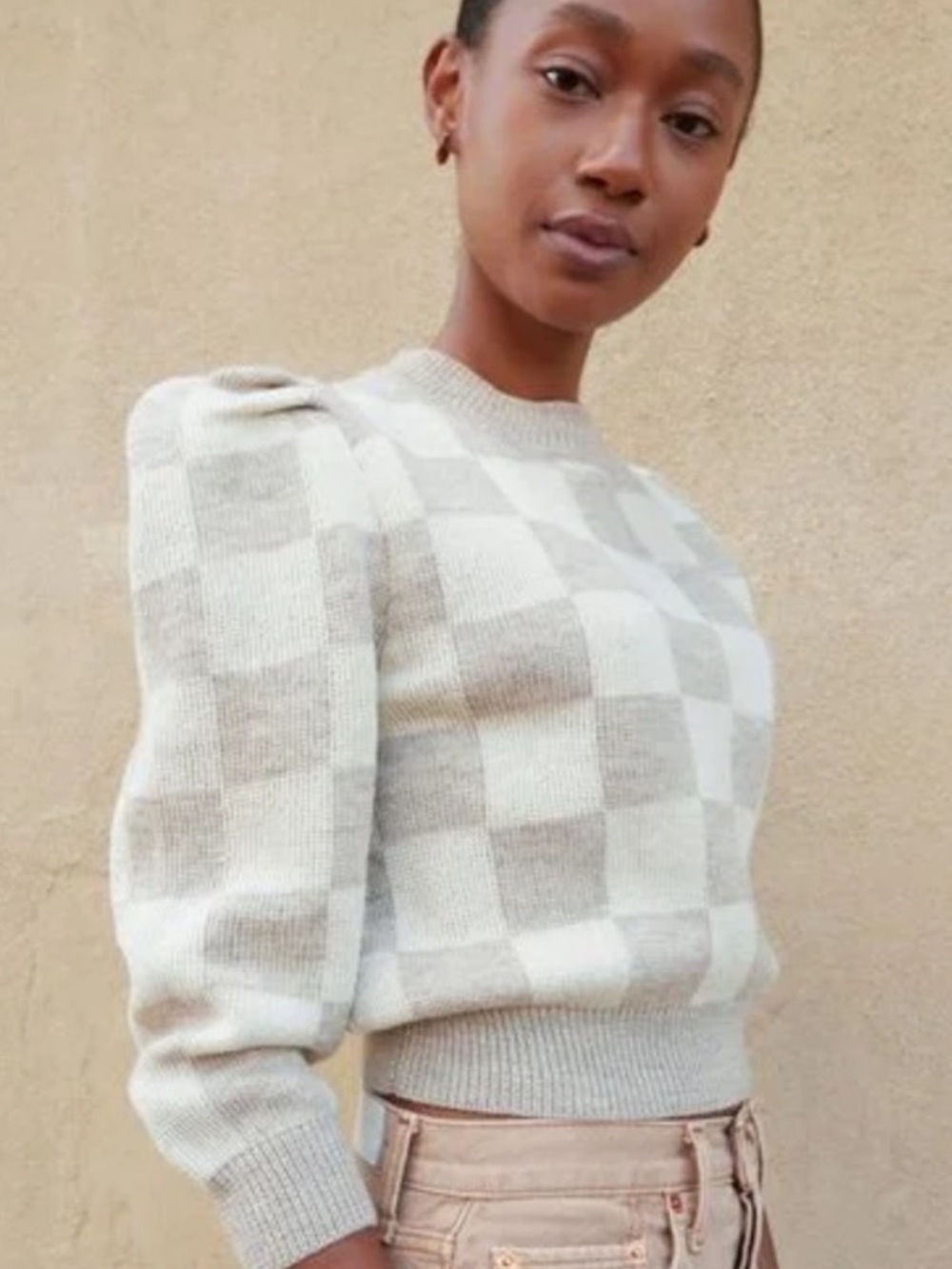 Loeffler Randall Checker Puff-Sweater in Oat and Cream